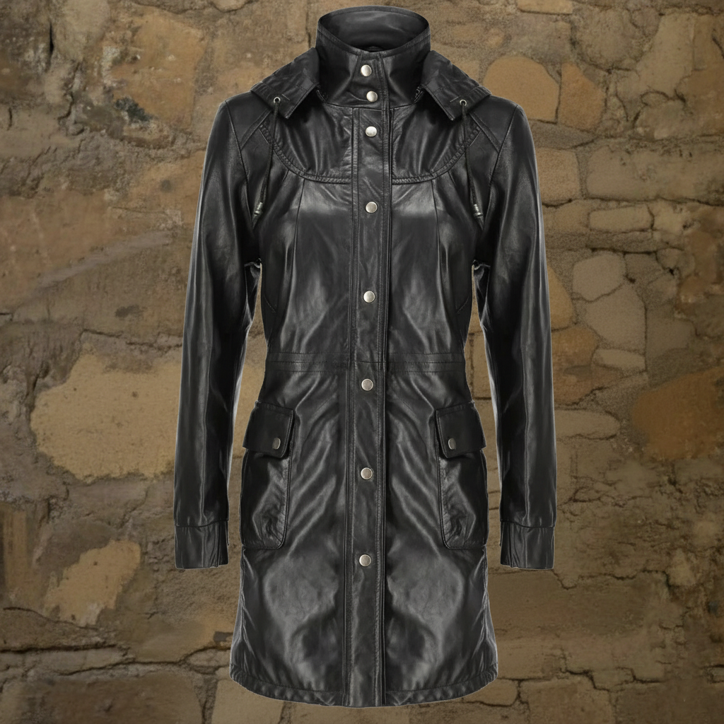 Women's Real Black Leather Trench Coat with Removable Hood