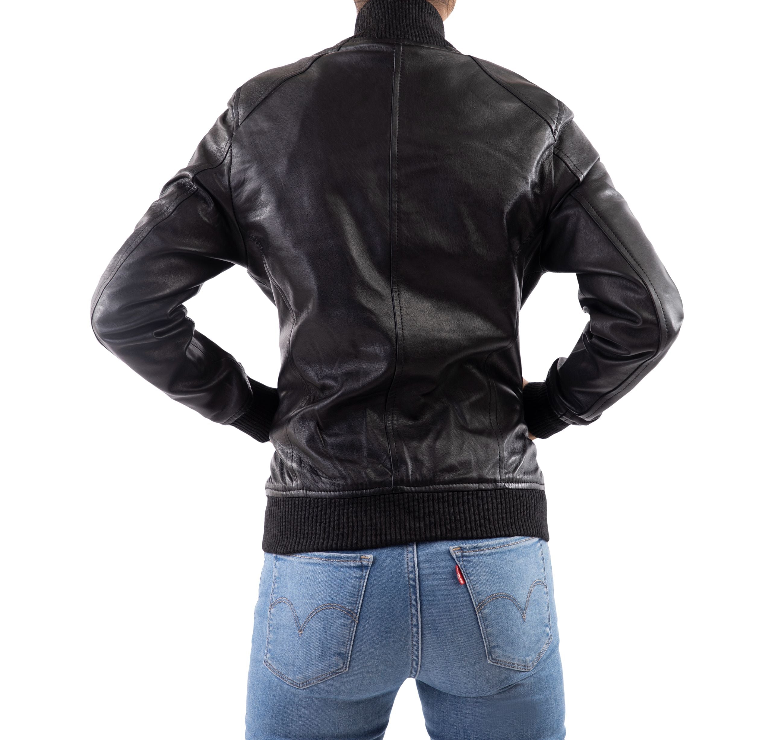Womens Genuine Leather Classic Baseball Black Bomber Style Jacket