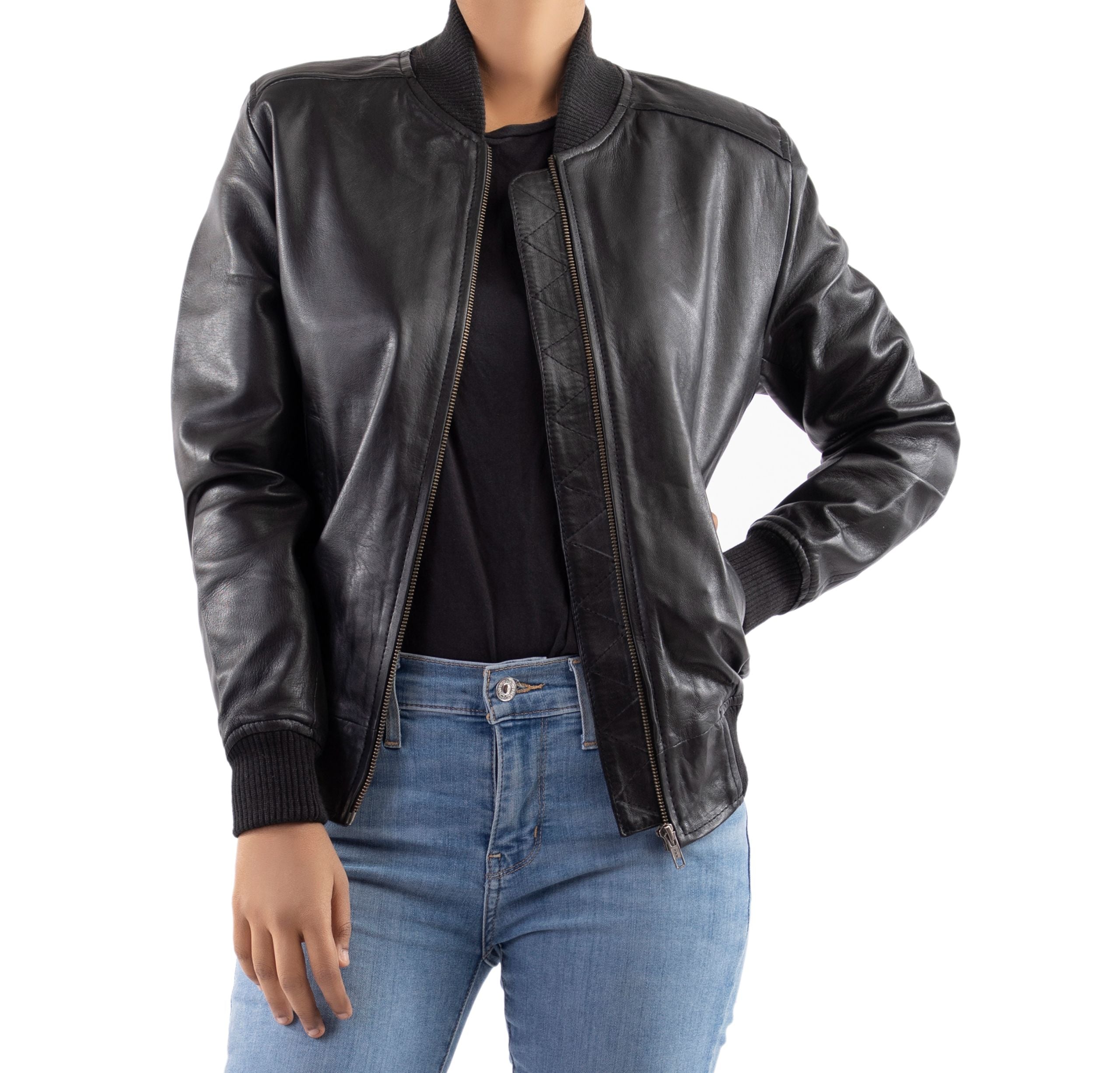 Womens Genuine Leather Classic Baseball Black Bomber Style Jacket