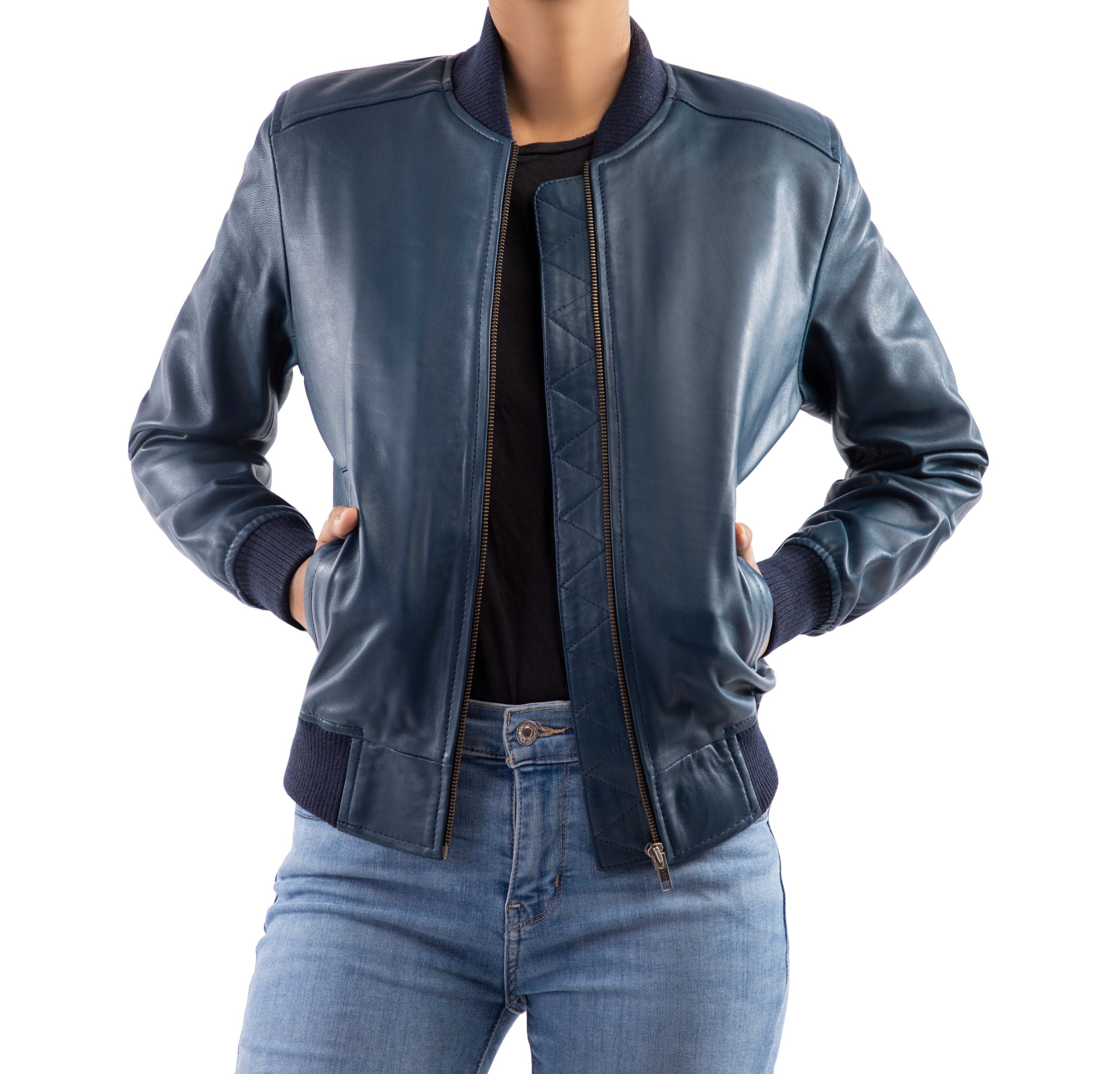 Womens Genuine Leather Classic Baseball Blue Bomber Style Jacket