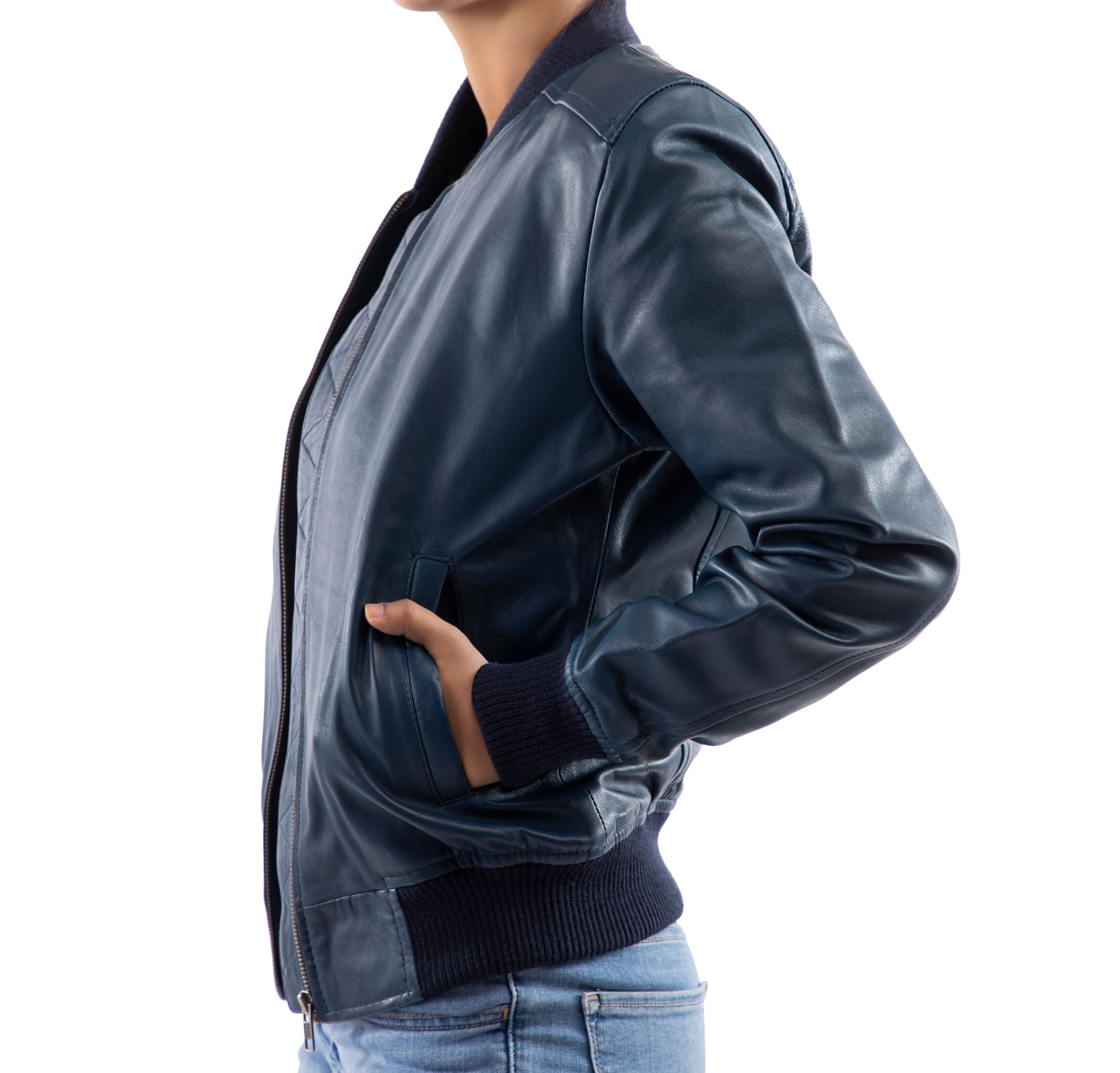 Womens Genuine Leather Classic Baseball Blue Bomber Style Jacket