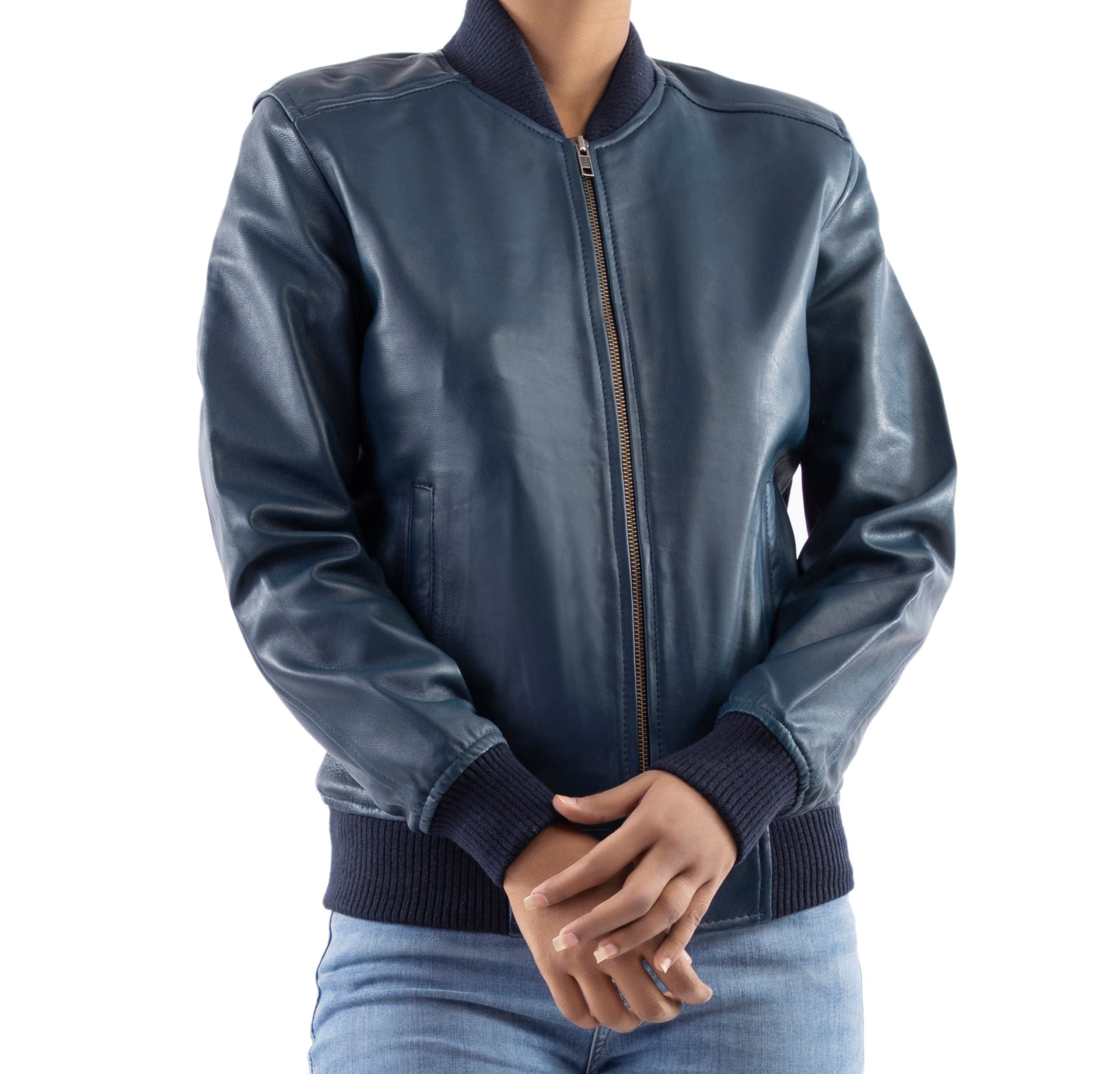 Womens Genuine Leather Classic Baseball Blue Bomber Style Jacket