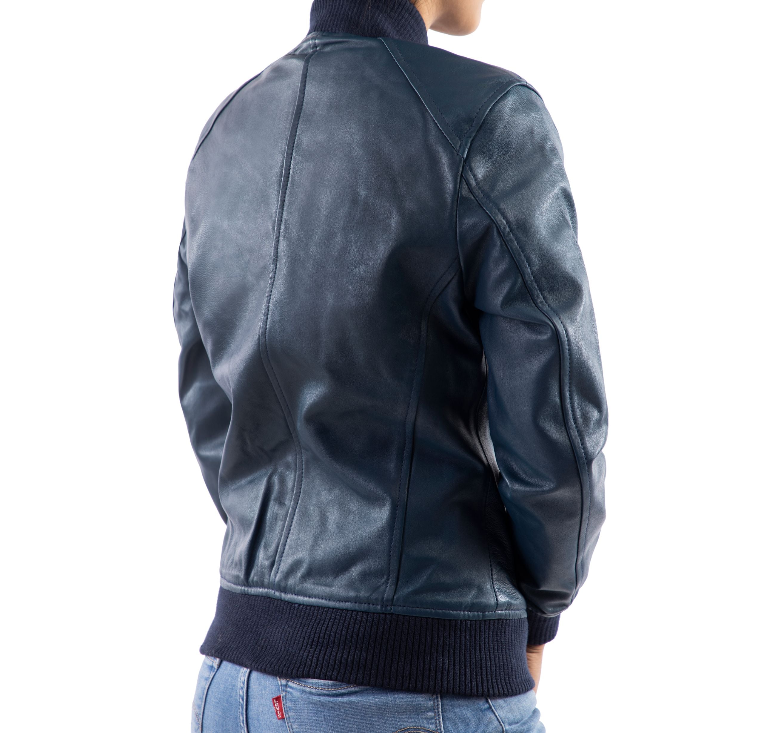 Womens Genuine Leather Classic Baseball Blue Bomber Style Jacket