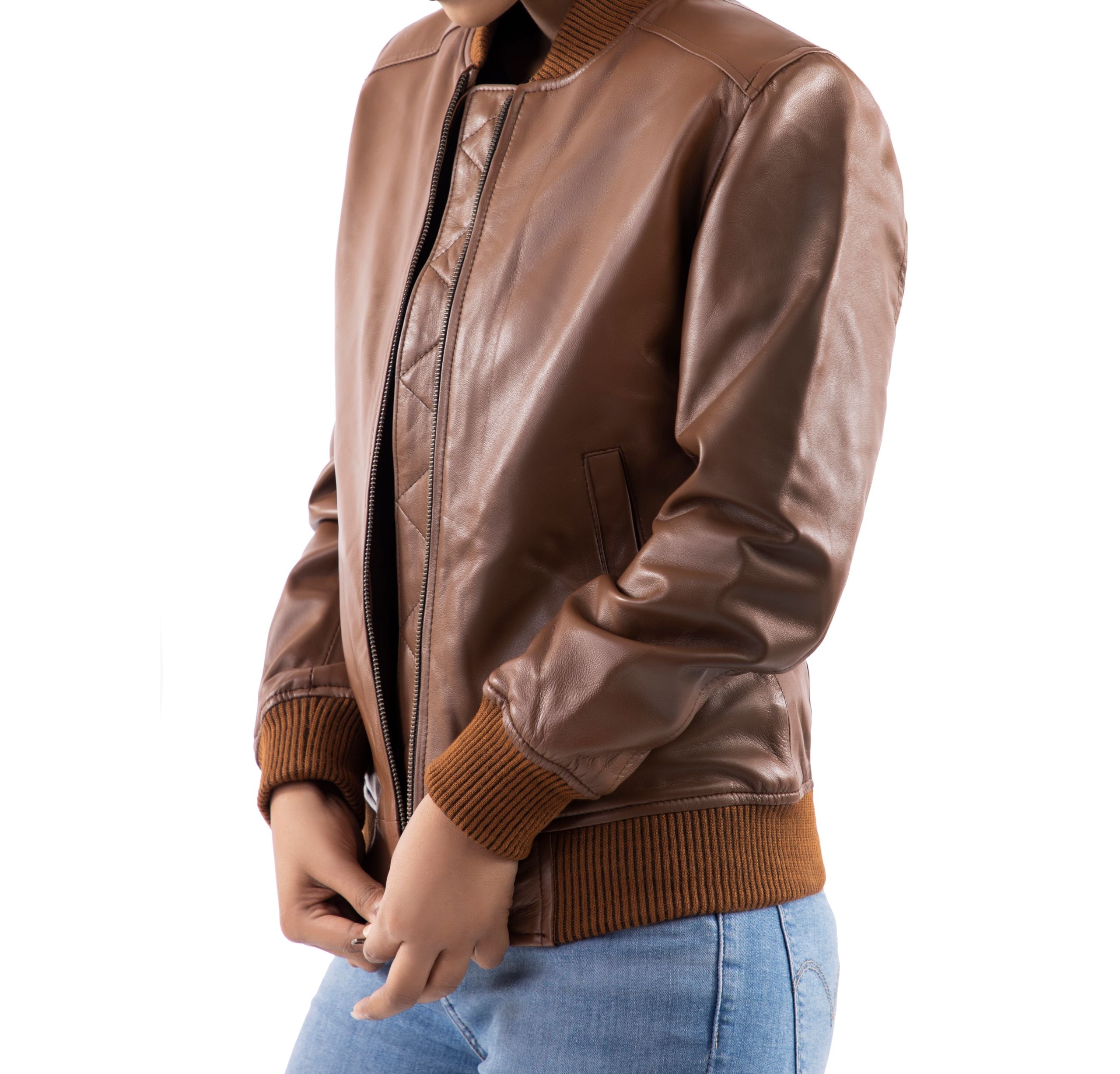Womens Classic Baseball Cognac Leather Bomber Style Jacket