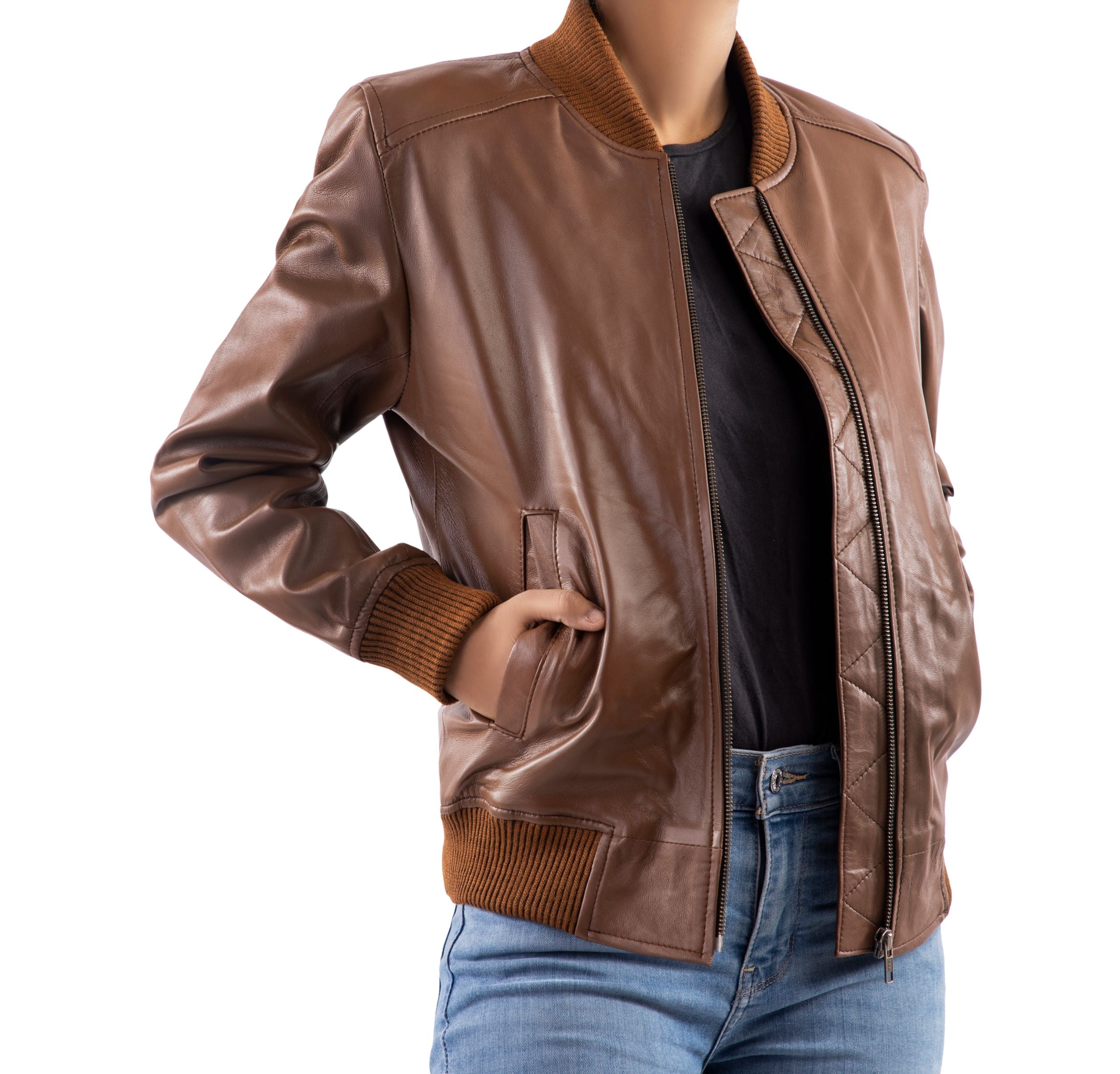Womens Classic Baseball Cognac Leather Bomber Style Jacket