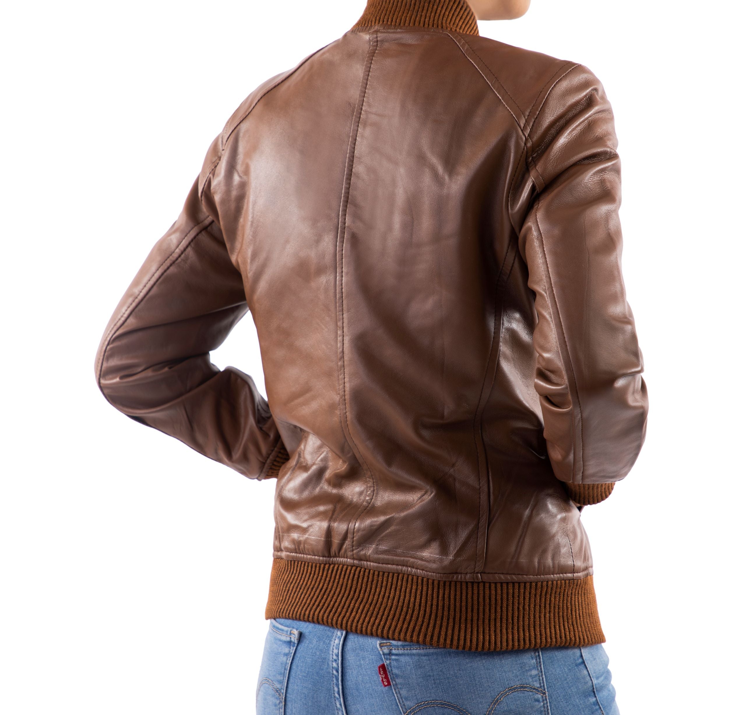 Womens Classic Baseball Cognac Leather Bomber Style Jacket
