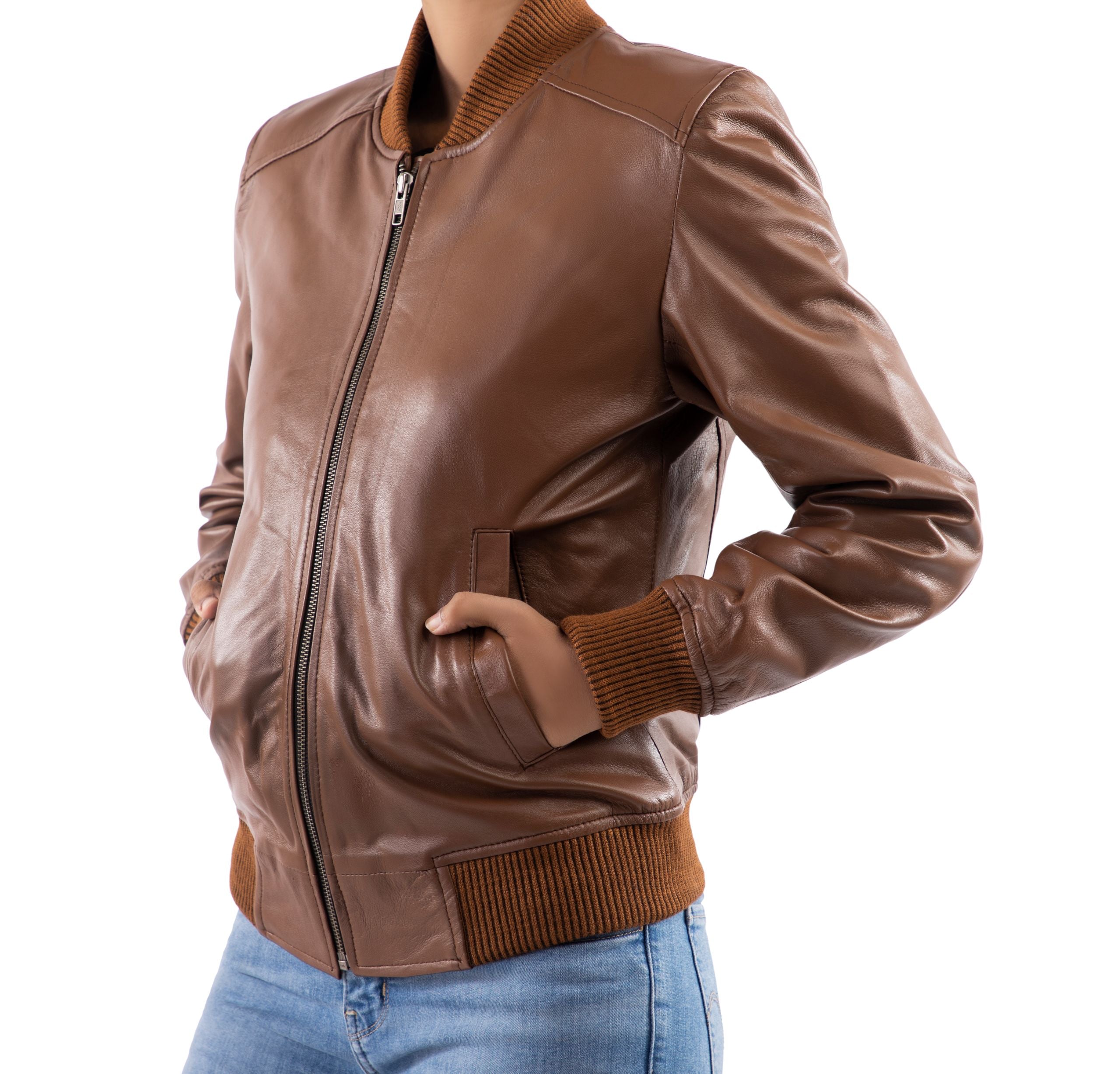Womens Classic Baseball Cognac Leather Bomber Style Jacket