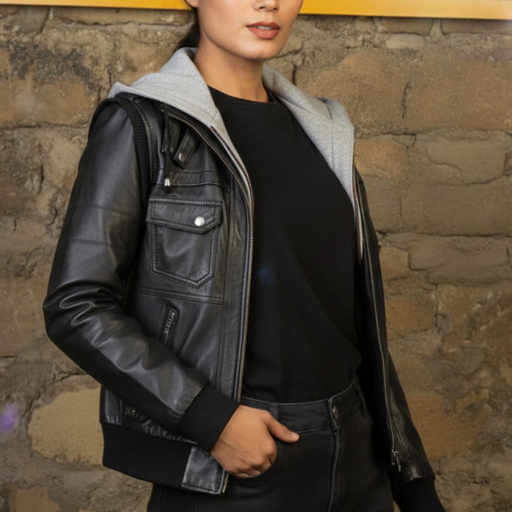 Women's Hooded Black Leather Jacket