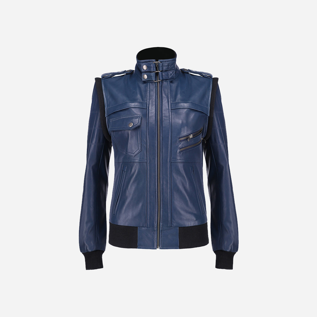 Womens Hooded Blue Leather Jacket