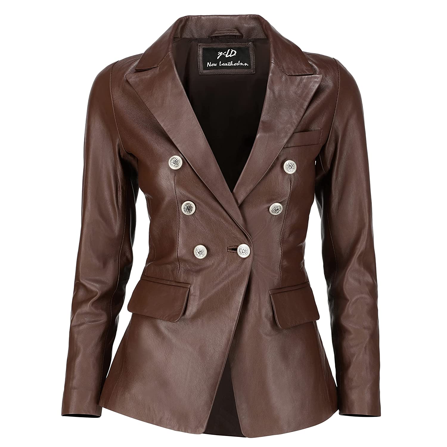 Womens Kim Kardashian Double Breasted Brown Leather Blazer