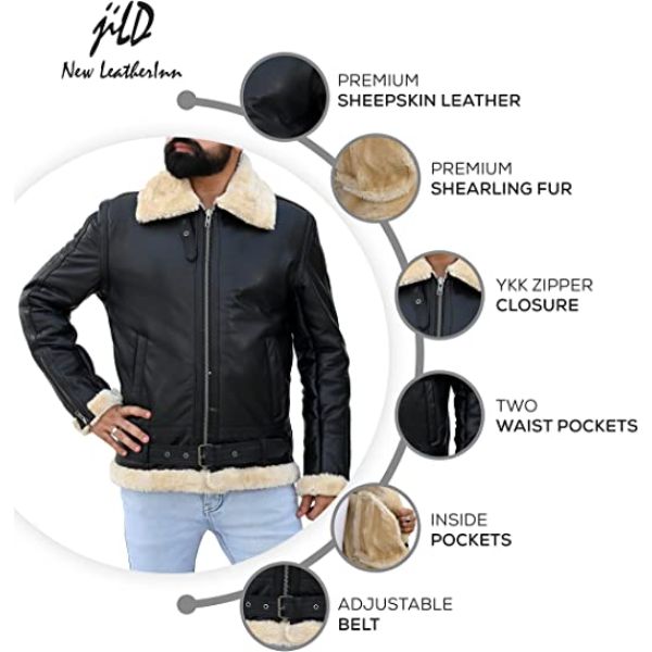 Mens B3 Bomber Shearling Black Leather Jacket