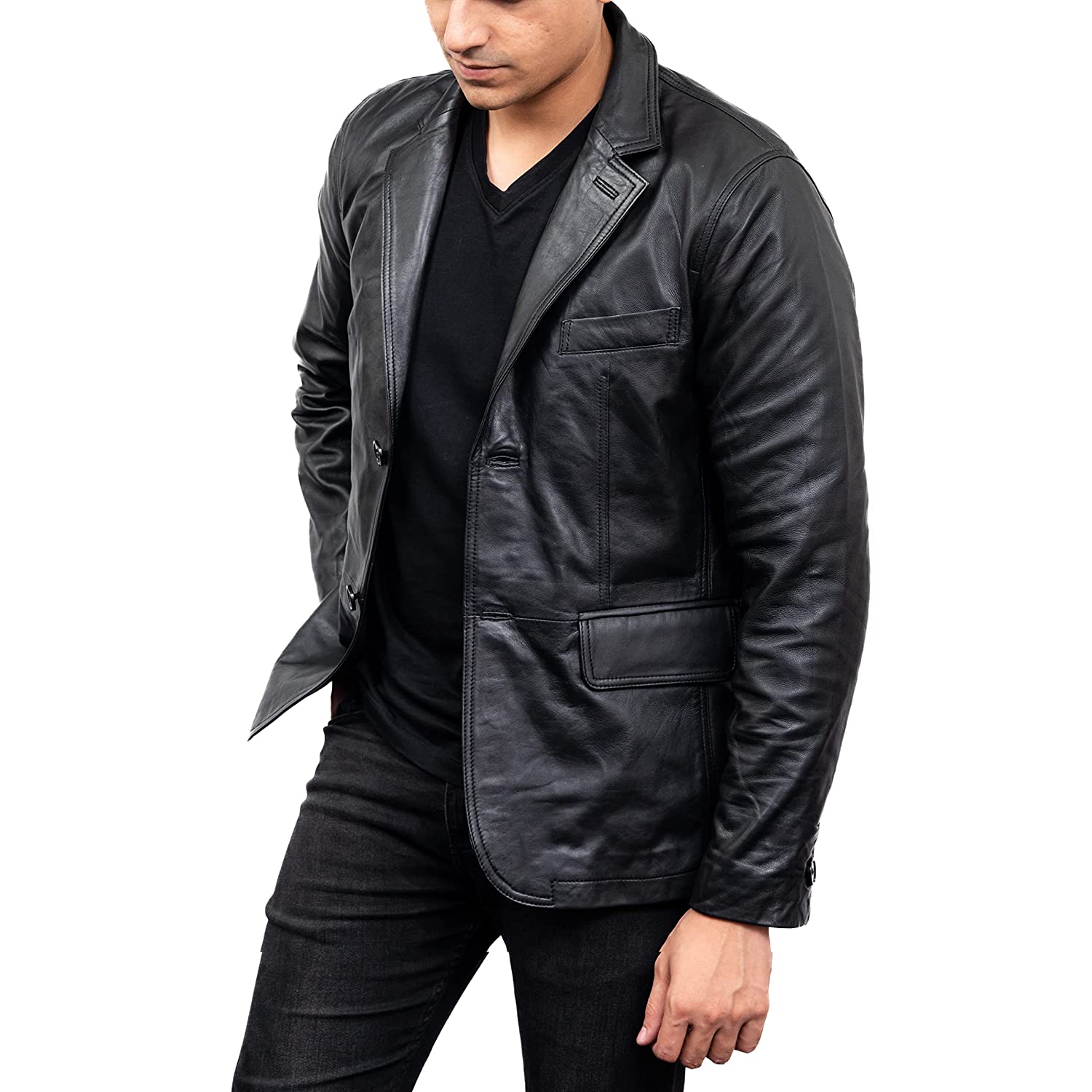 Mens Lambskin Black Leather Blazer