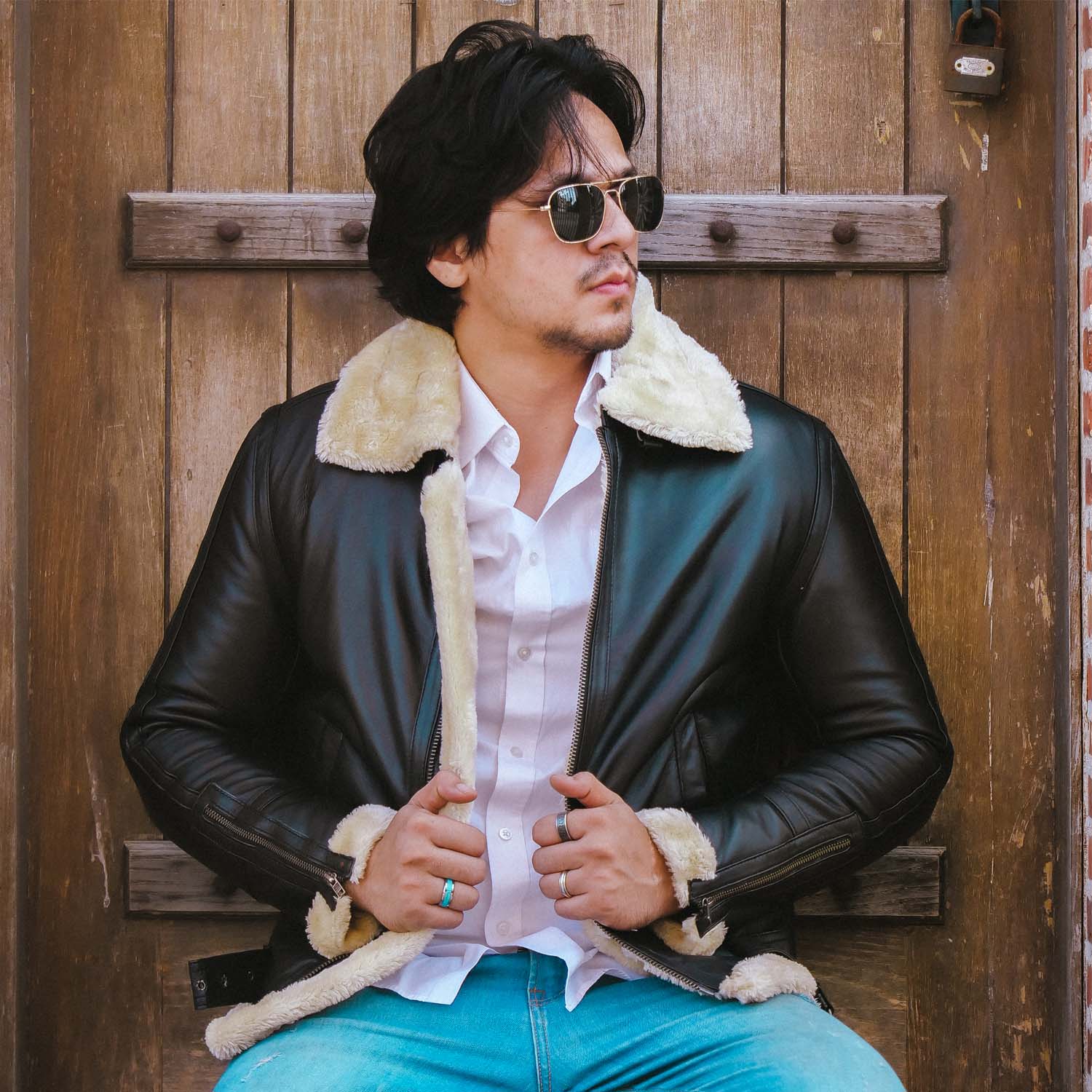 Mens B3 Bomber Shearling Black Leather Jacket