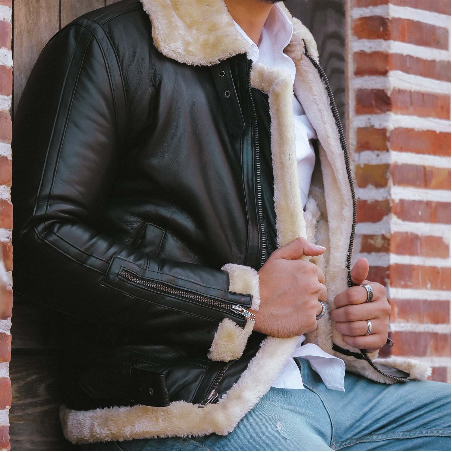 Mens B3 Bomber Shearling Black Leather Jacket