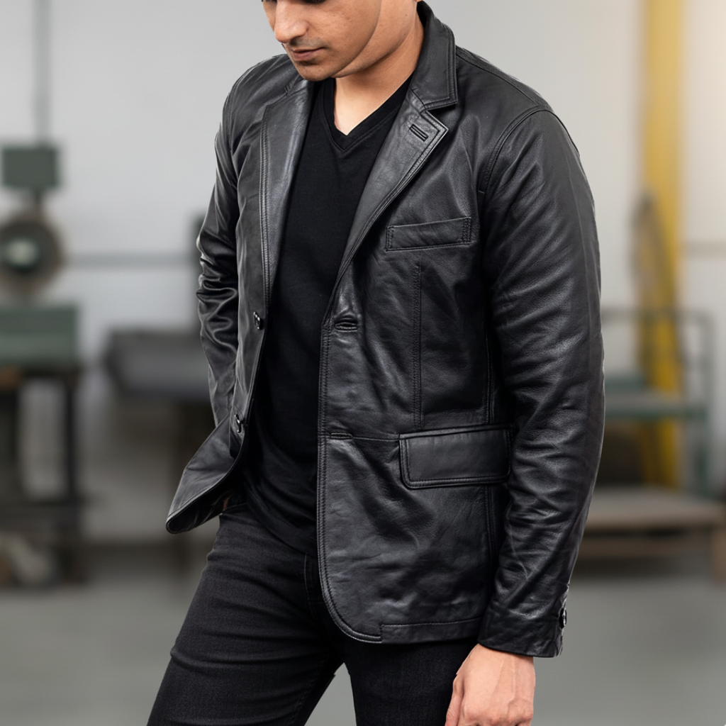 Men's 2-Buttons Lambskin Black Leather Blazer