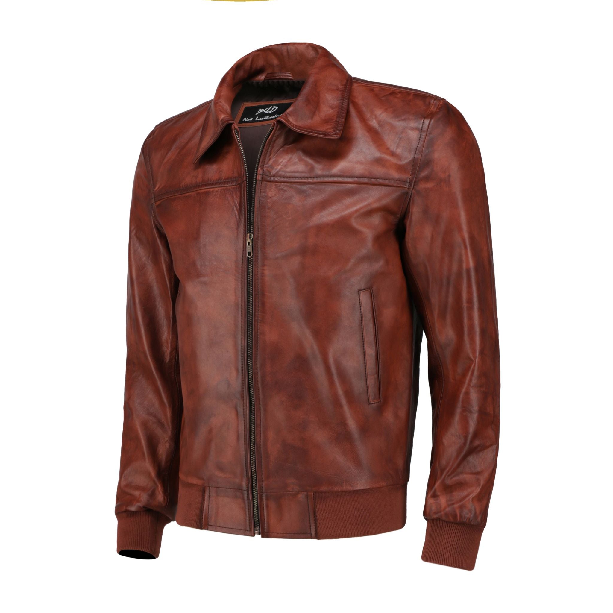 Mens Zipper Vintage Brown Bomber Polo Leather Jacket