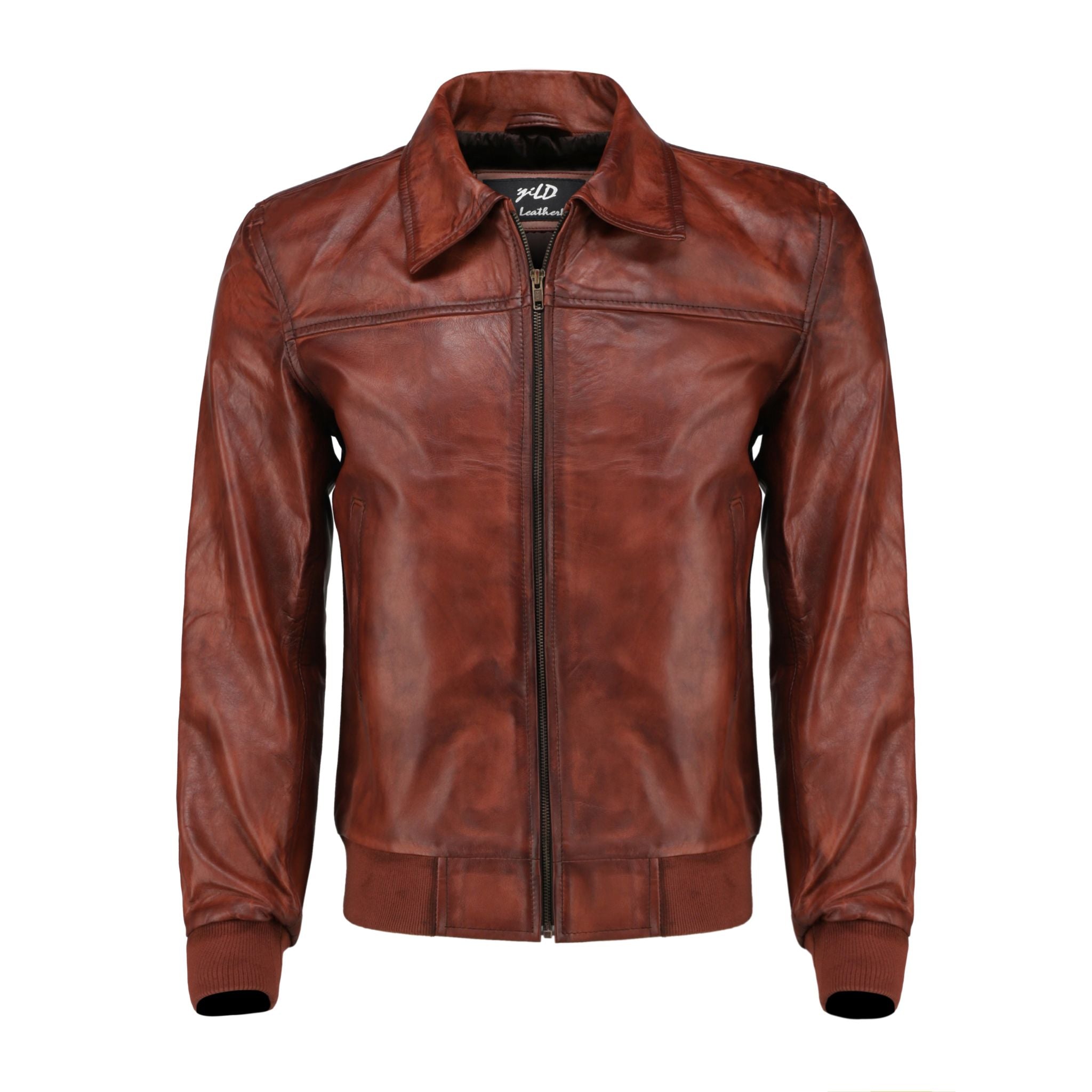 Mens Zipper Vintage Brown Bomber Polo Leather Jacket