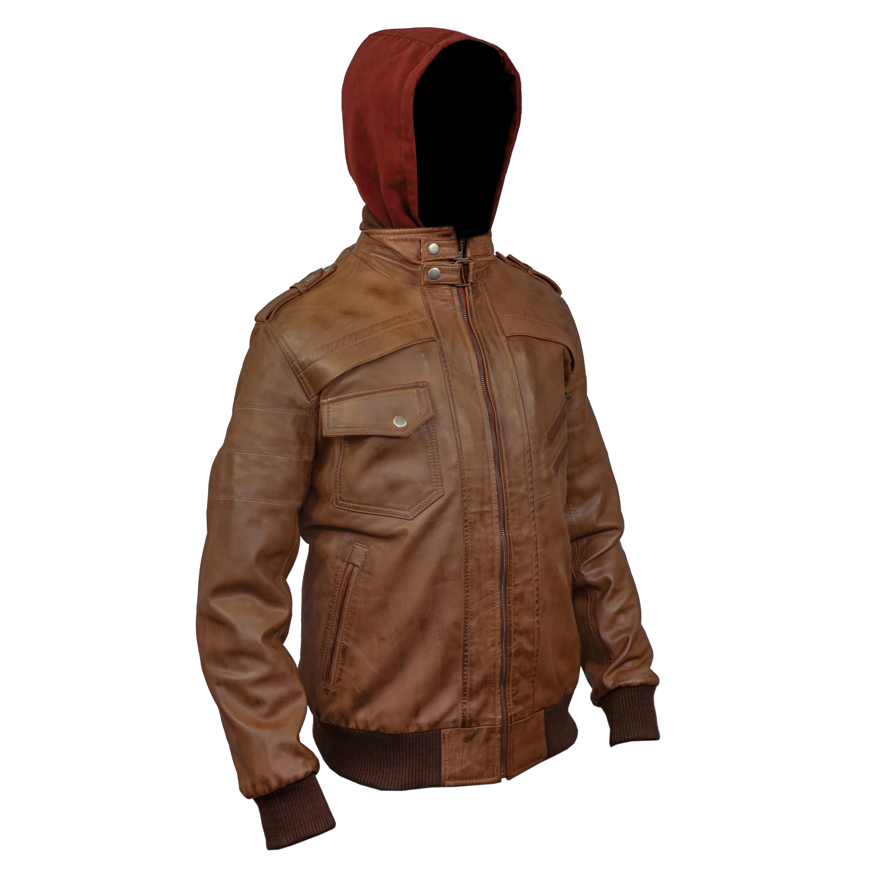Mens Tan Wax Hooded Leather Bomber Jacket