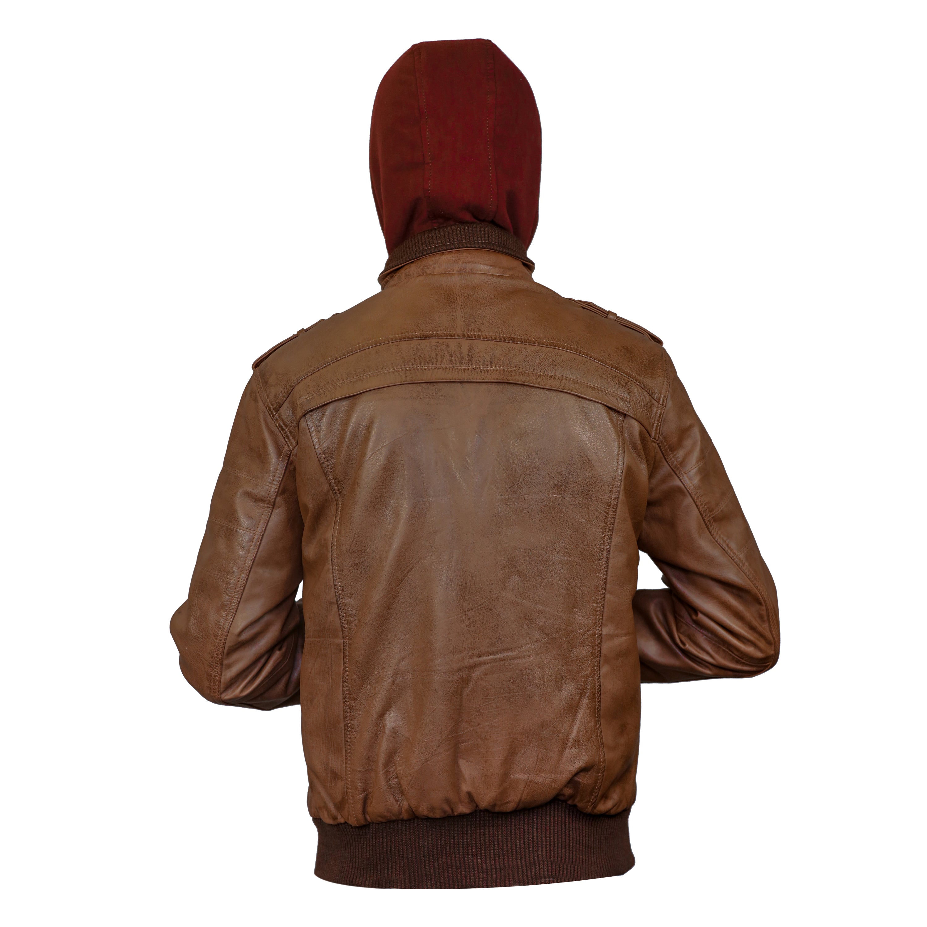 Mens Tan Wax Hooded Leather Bomber Jacket