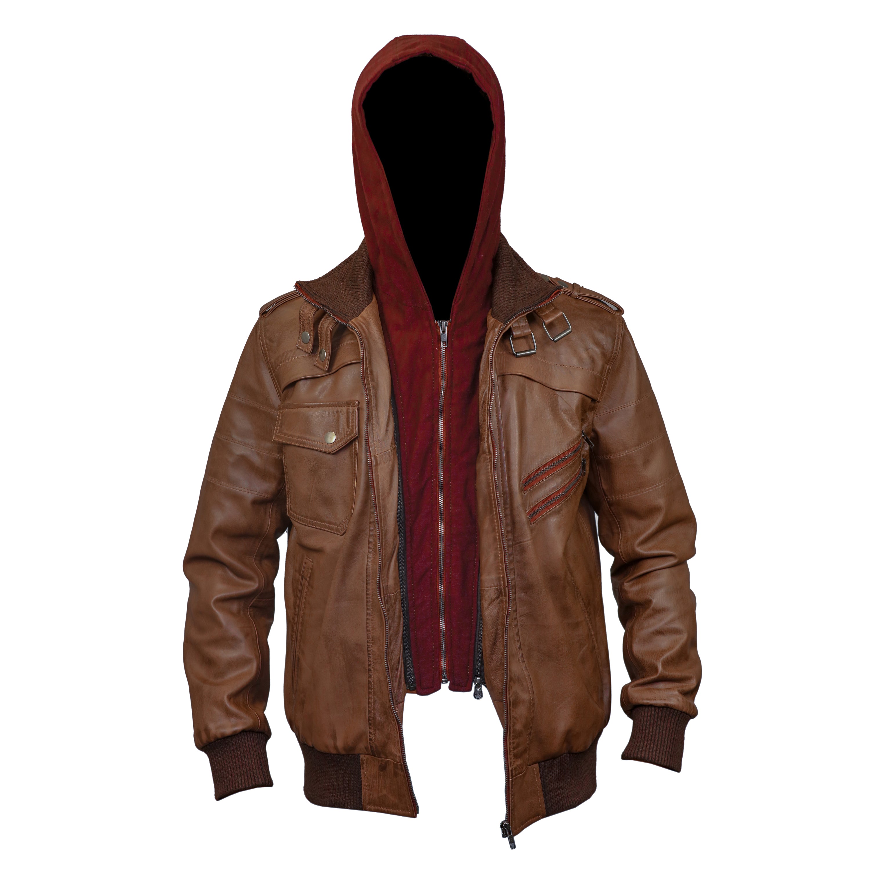 Mens Tan Wax Hooded Leather Bomber Jacket