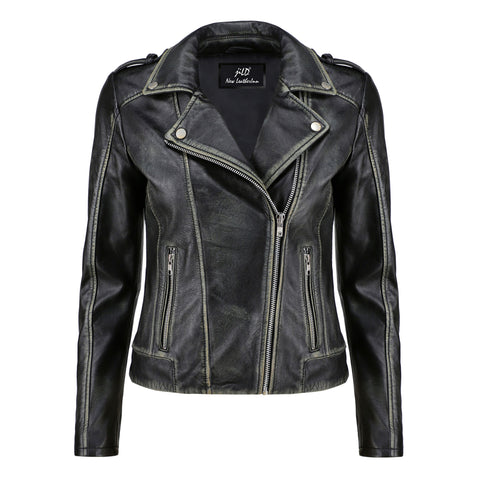 Women's Handwaxed Biker Style Motorcycle Zip-Up Leather Jacket