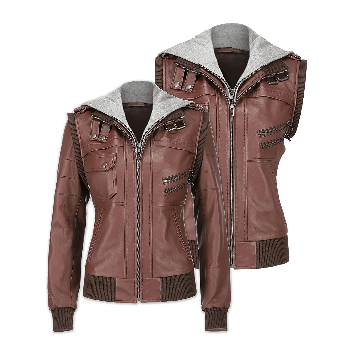 Womens Hooded Brown Leather Jacket
