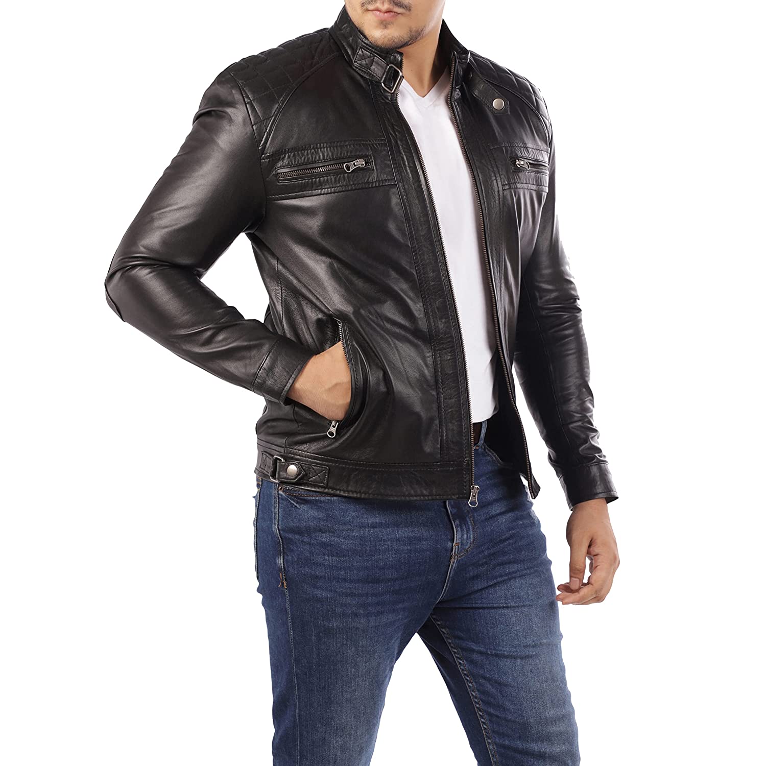 Mens Diamond Style Cafe Racer Black Leather Jacket