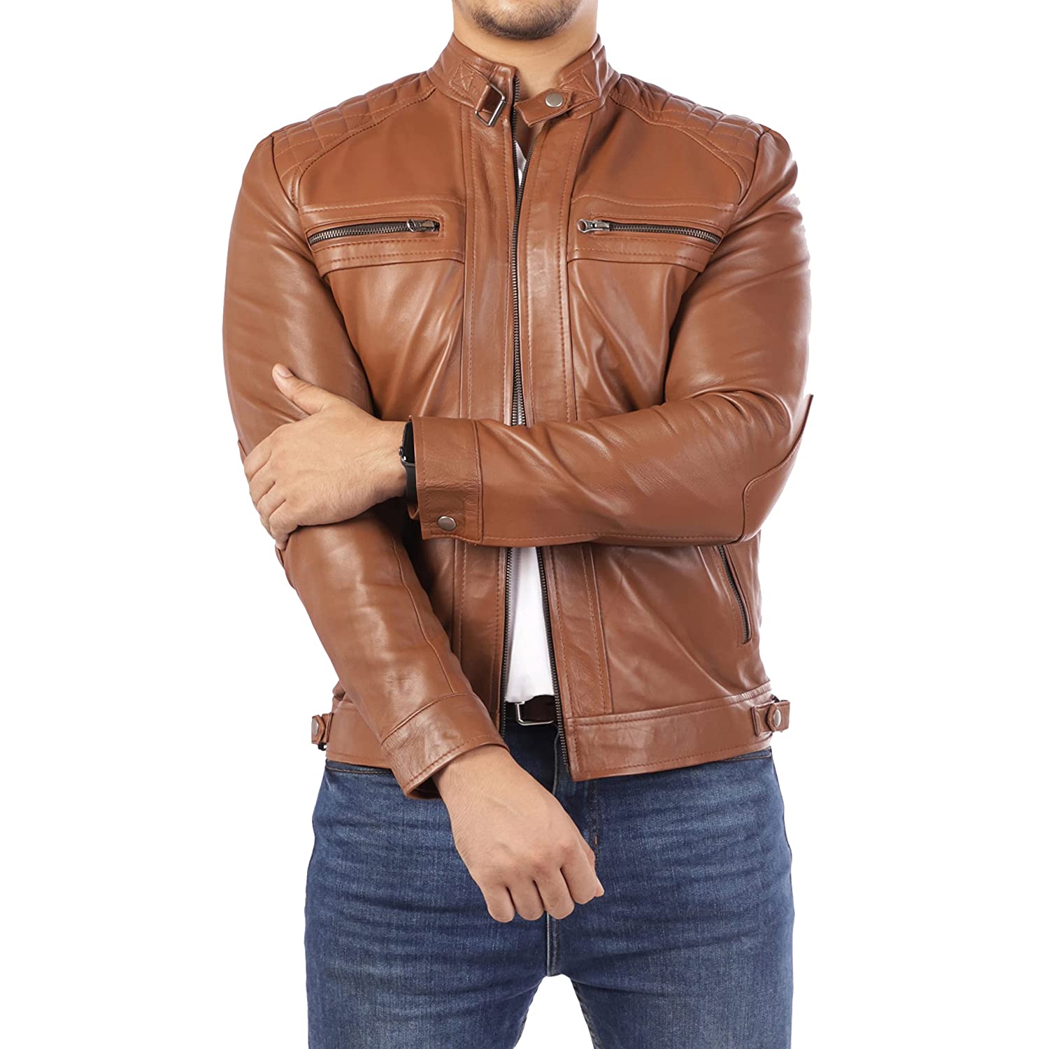Mens Diamond Style Cafe Racer Camel Leather Jacket