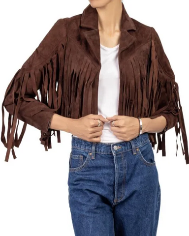 Women's Brown Lambskin Suede Leather Jacket with Fringe Detailing
