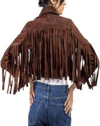Women's Brown Lambskin Suede Leather Jacket with Fringe Detailing