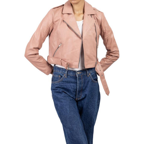 Womens Pink Cropped Leather Jacket