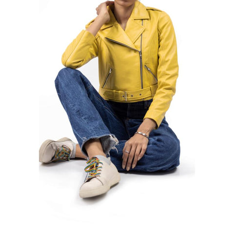 Womens Yellow Cropped Leather Jacket