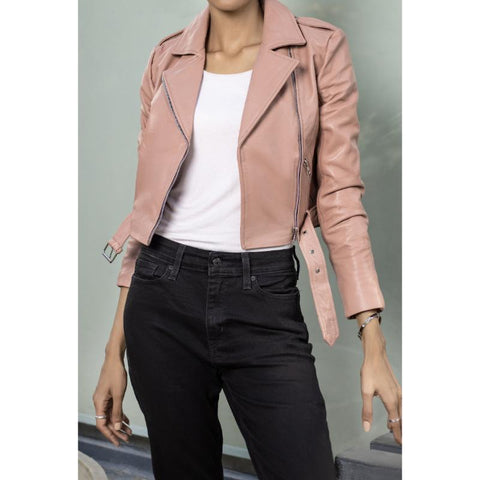 Womens Pink Cropped Leather Jacket