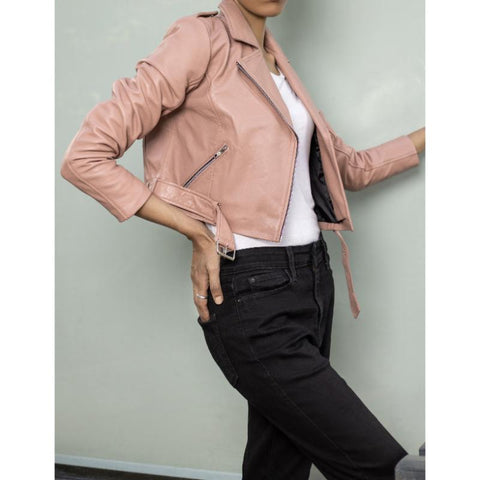 Womens Pink Cropped Leather Jacket