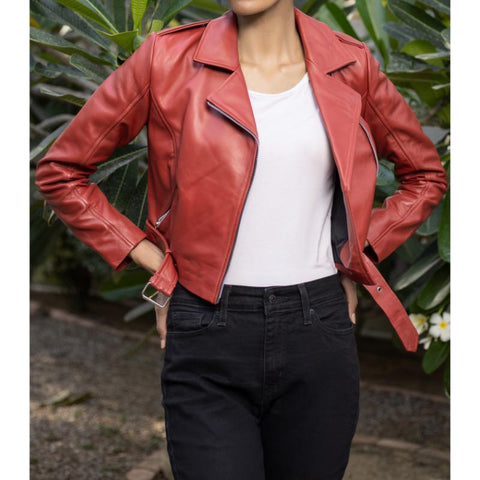 Womens Red Cropped Leather Jacket