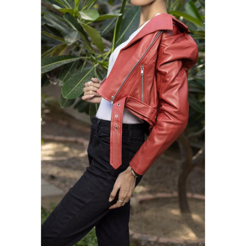 Womens Red Cropped Leather Jacket