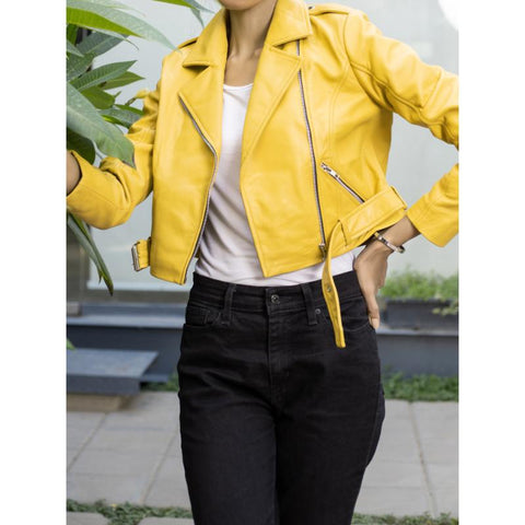 Womens Yellow Cropped Leather Jacket