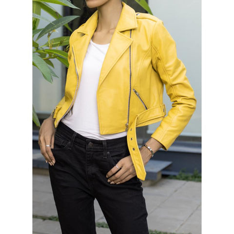 Womens Yellow Cropped Leather Jacket