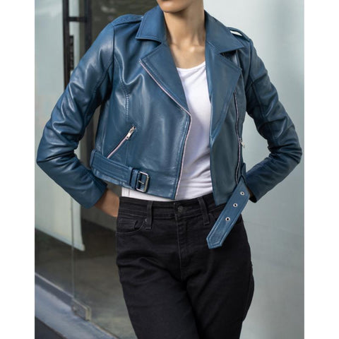Womens Blue Cropped Leather Jacket