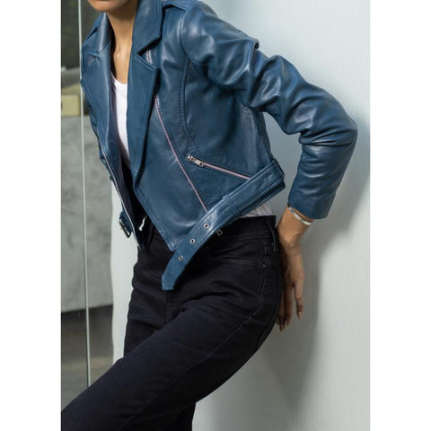 Womens Blue Cropped Leather Jacket