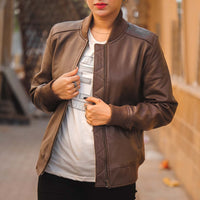 Womens Genuine Leather Classic Baseball Brown Bomber Style Jacket