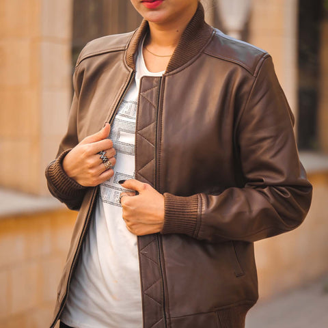 Womens Genuine Leather Classic Baseball Brown Bomber Style Jacket