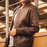Womens Genuine Leather Classic Baseball Brown Bomber Style Jacket