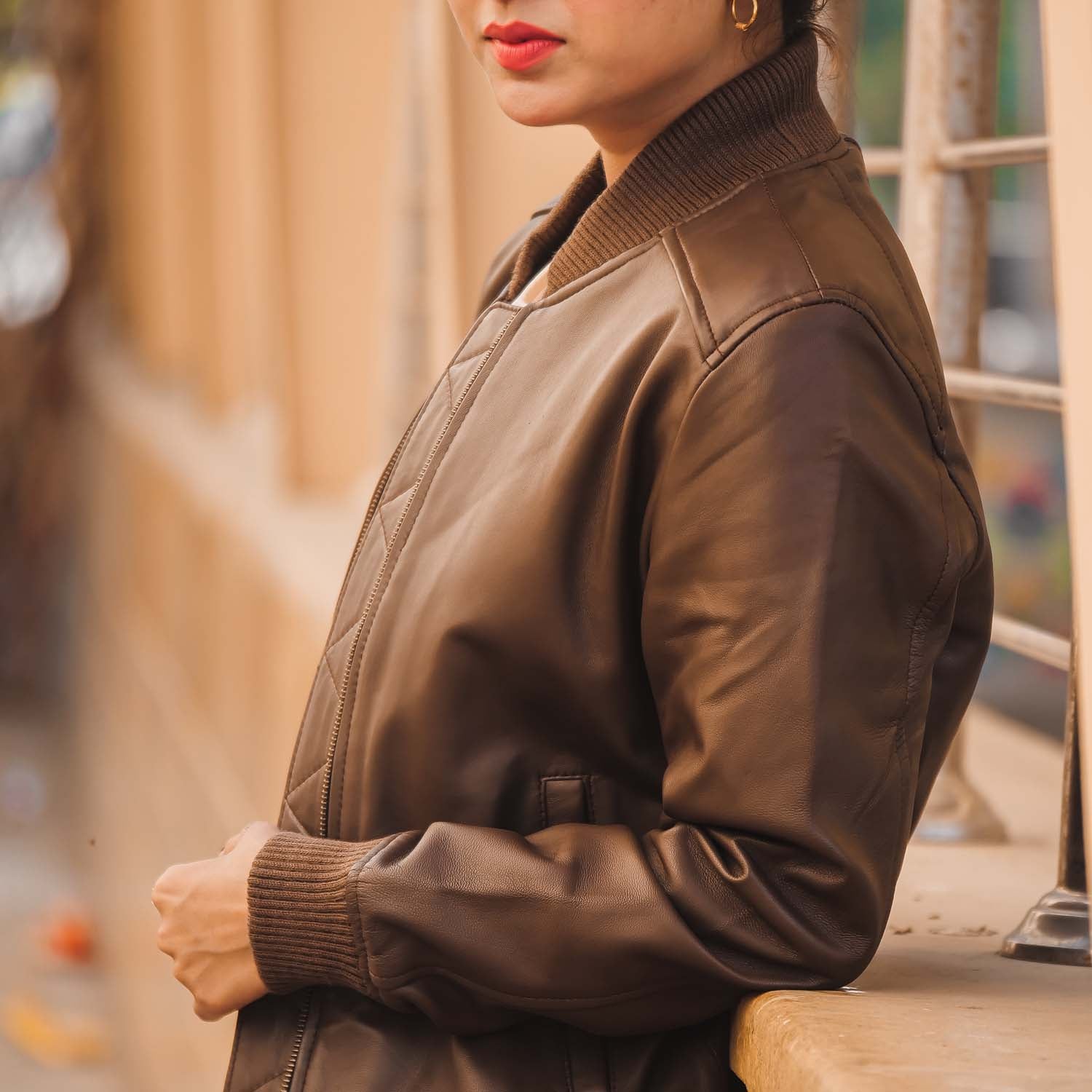 Womens Genuine Leather Classic Baseball Brown Bomber Style Jacket
