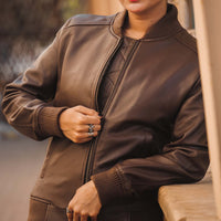 Womens Genuine Leather Classic Baseball Brown Bomber Style Jacket