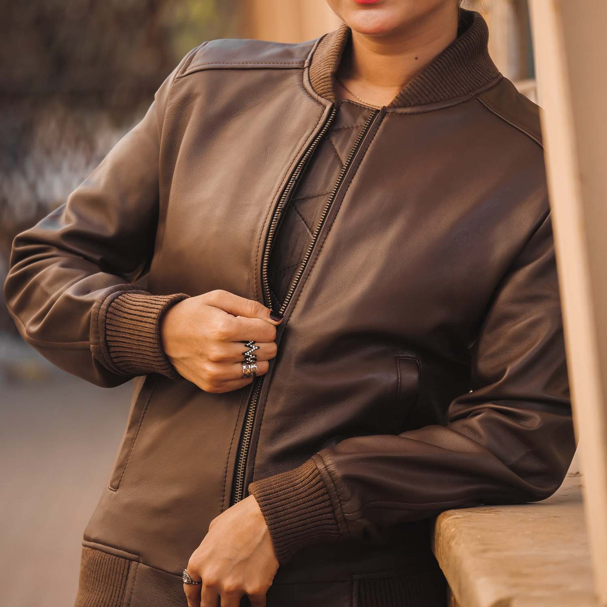 Womens Genuine Leather Classic Baseball Brown Bomber Style Jacket