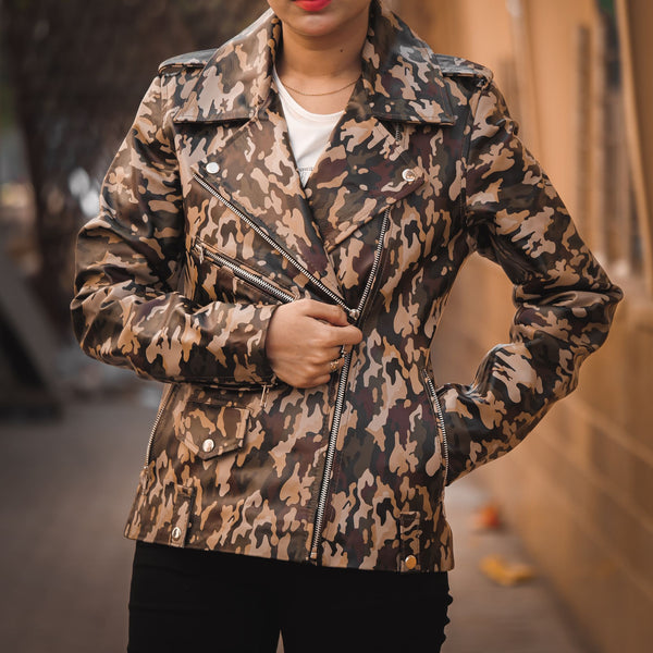 Womens Leather Military Camouflage Print Jacket – Jildleather