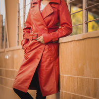 Women S Double Breasted Red Leather Trench Coat
