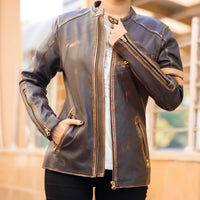Womens Distressed Cafe Racer Vintage Brown Leather Jacket