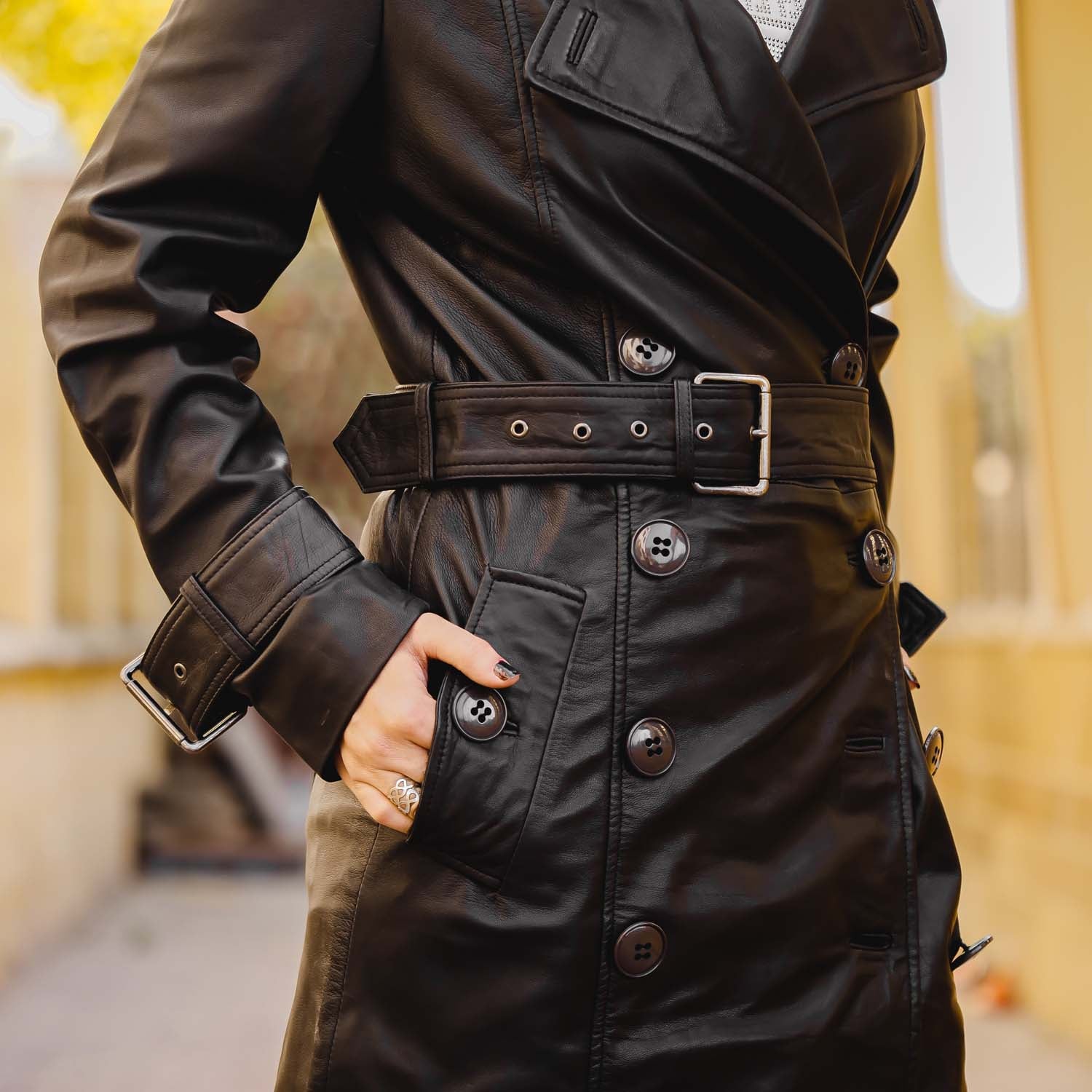 Women S Double Breasted Black Leather Trench Coat